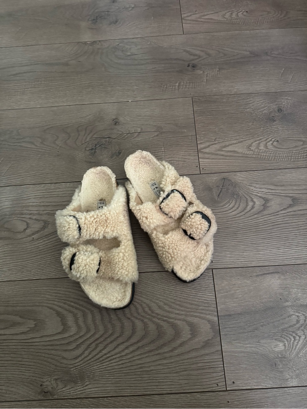 Birkenstock Papillio Cream Sherpa Slide Sandals Slipper Buckle Straps Size 39/8
